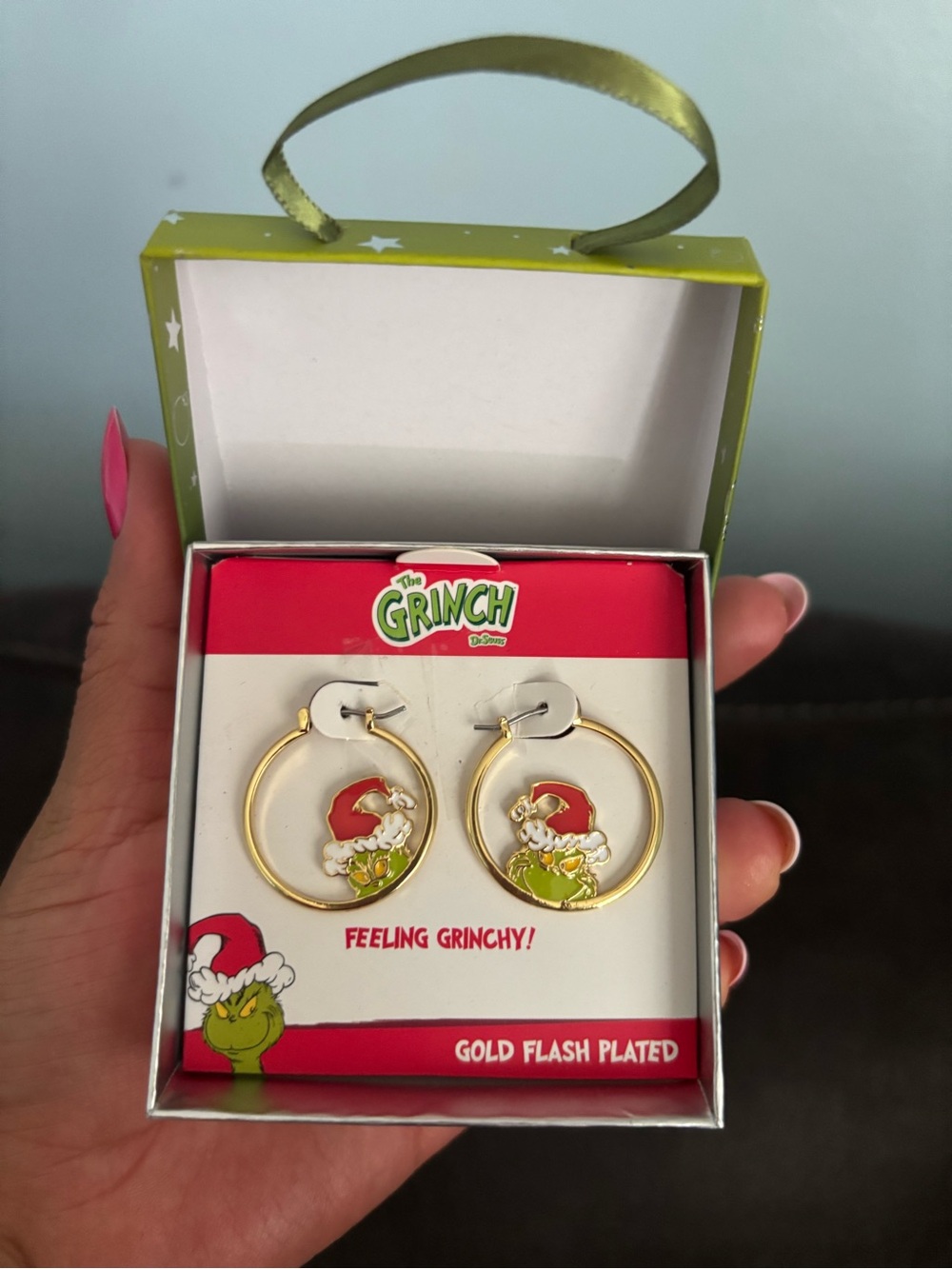 Disney The Grinch Gold Hoop Earrings with Red & Green Charms